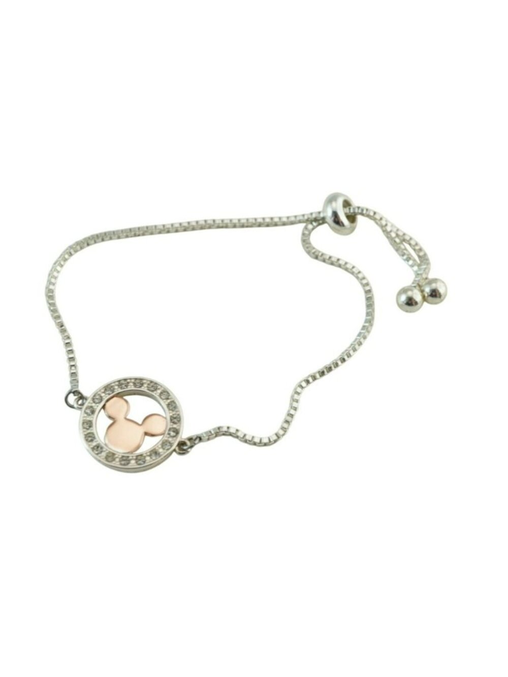Disney Mickey Mouse Fine Silver 14K Rose Gold Plated Crystal Adjustable Bracelet